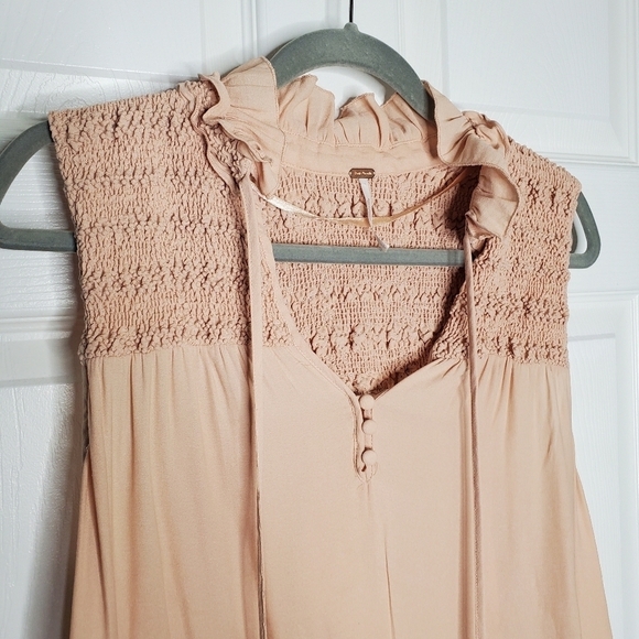 Free People Revolve Ruffle Me Up Pink Button Front Smocked V Neck Tank Top - Picture 4 of 8